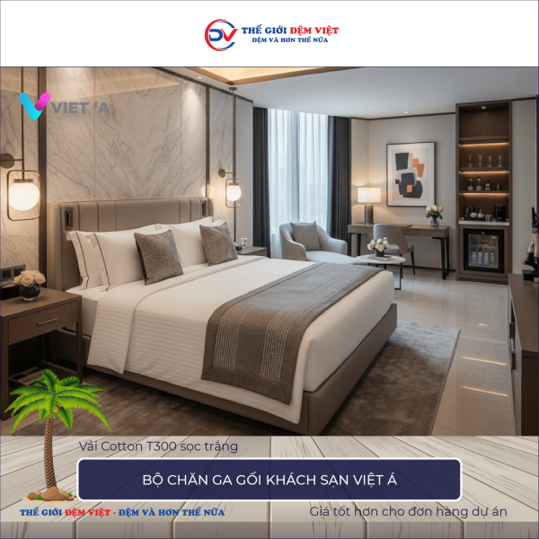 Bộ chăn ga gối khách sạn Việt Á vải Cotton T300 sọc trắng 5